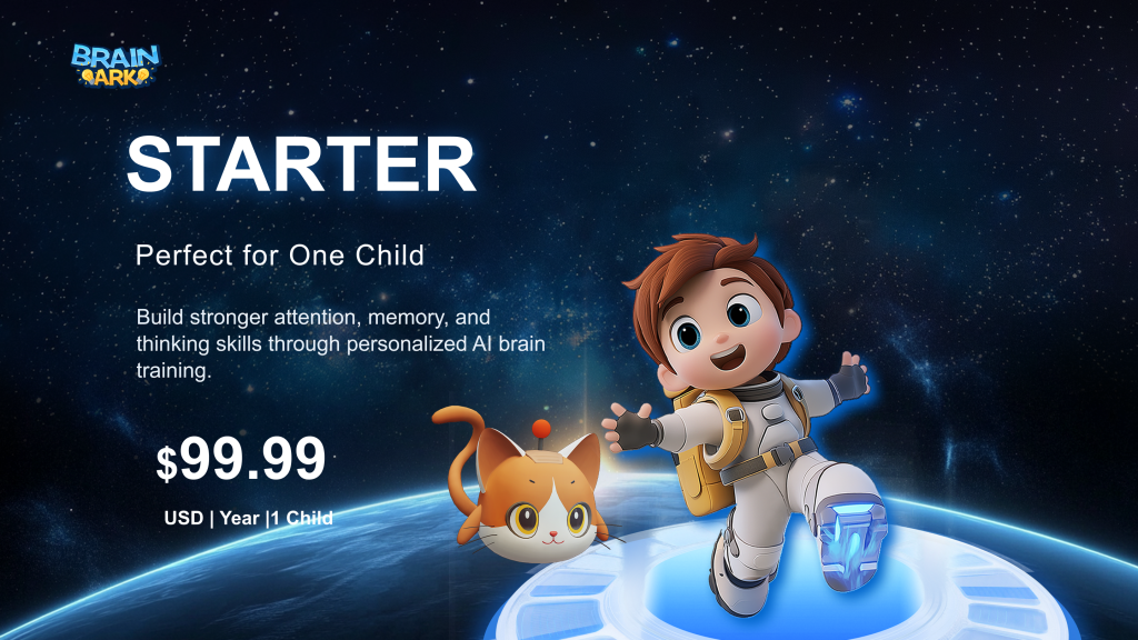 BrainArk Starter plan featuring AI-powered brain training for one child, including personalized cognitive training for attention, memory, and thinking skills.