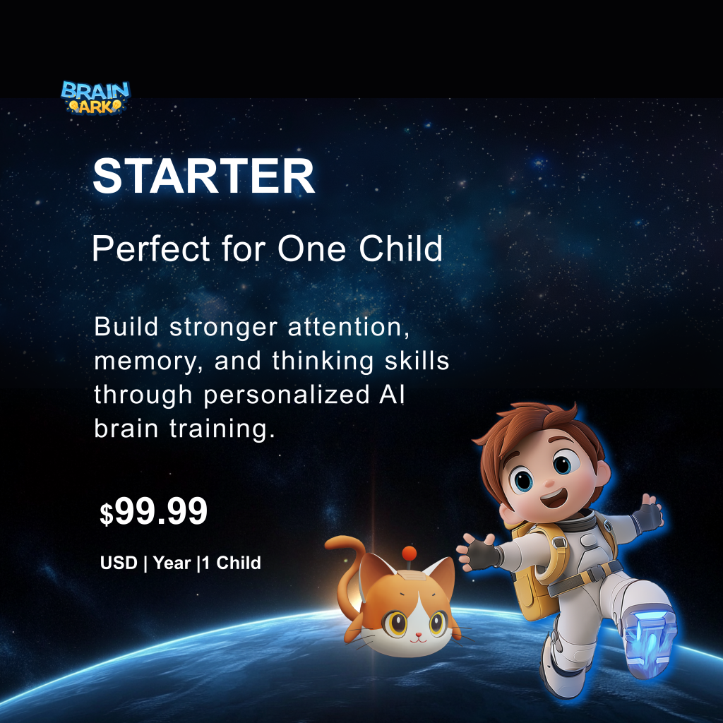 BrainArk Starter plan featuring AI-powered brain training for one child, including personalized cognitive training for attention, memory, and thinking skills.