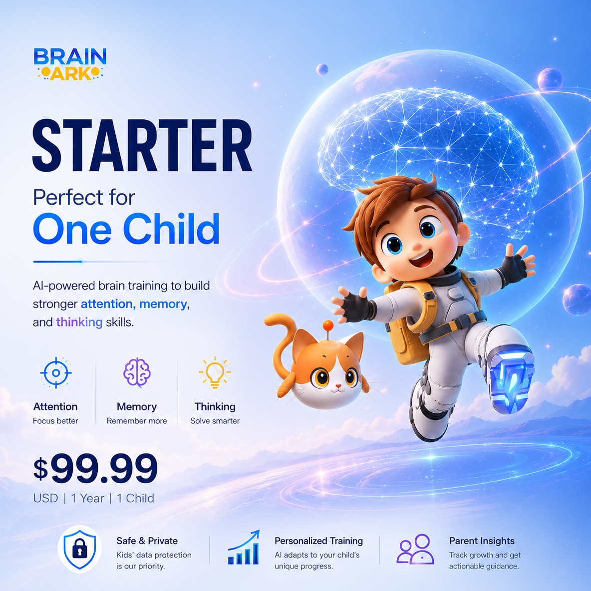 BrainArk Starter plan featuring AI-powered brain training for one child, including personalized cognitive training for attention, memory, and thinking skills.