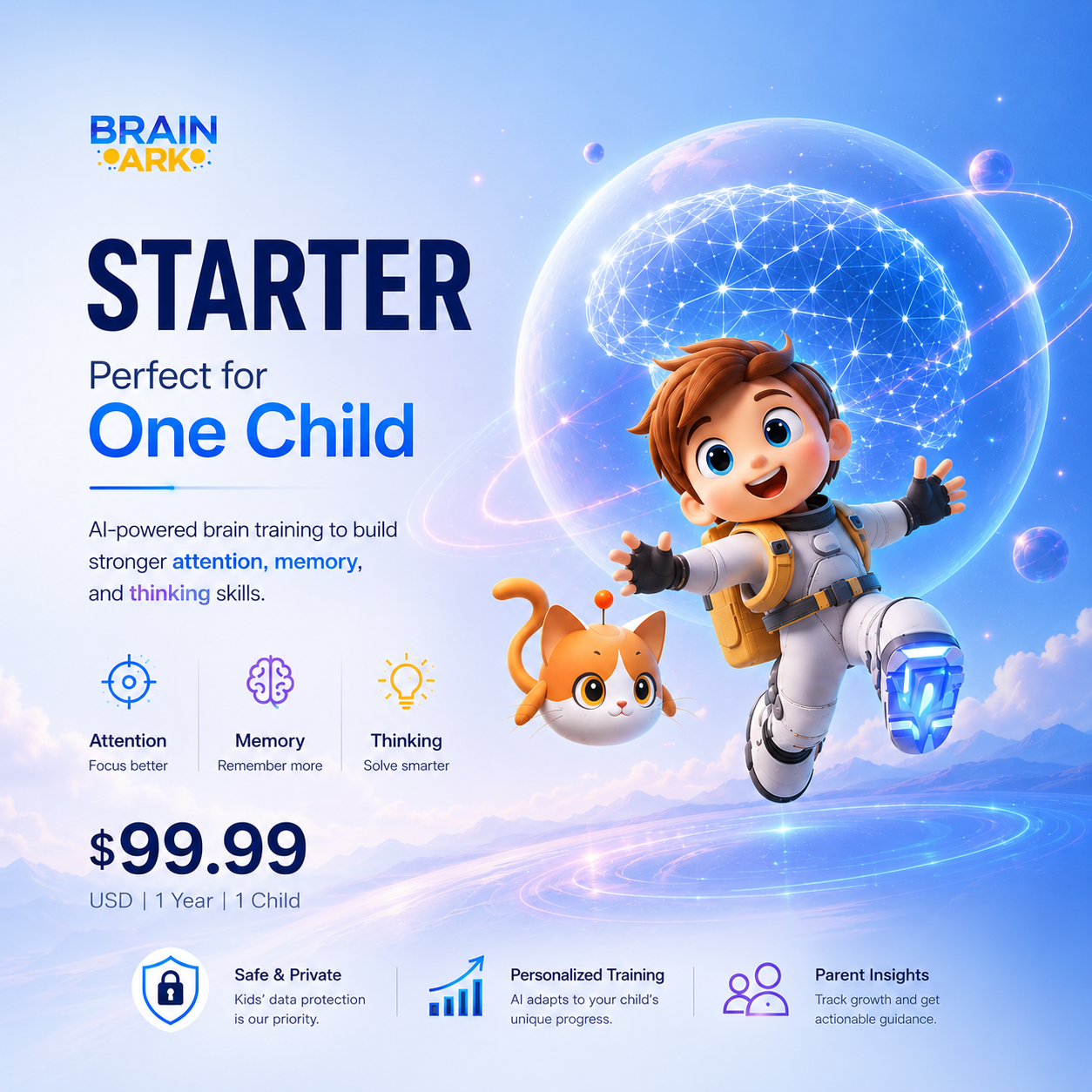 BrainArk Starter plan featuring AI-powered brain training for one child, including personalized cognitive training for attention, memory, and thinking skills.