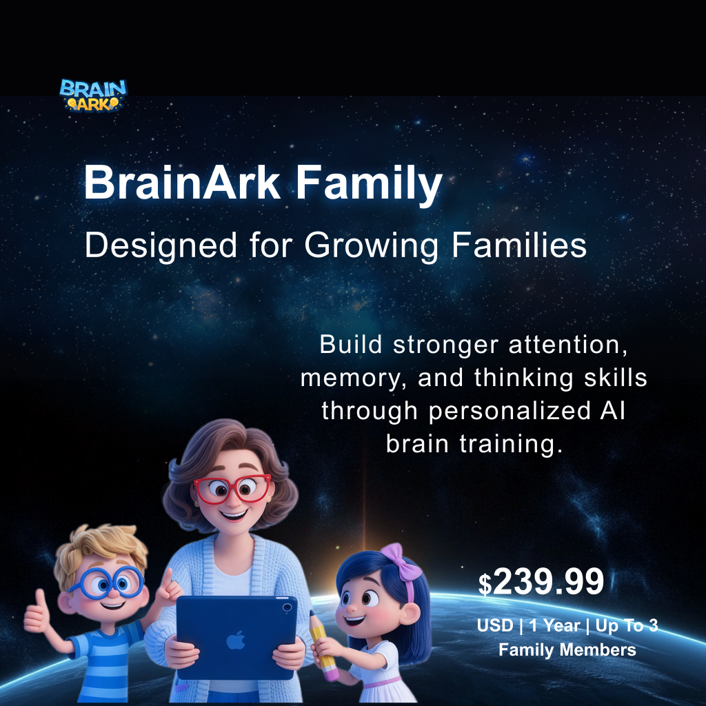 BrainArk Family hero card featuring AI-powered brain training for up to three family members with personalized learning journeys to improve focus, memory, and thinking skills.
