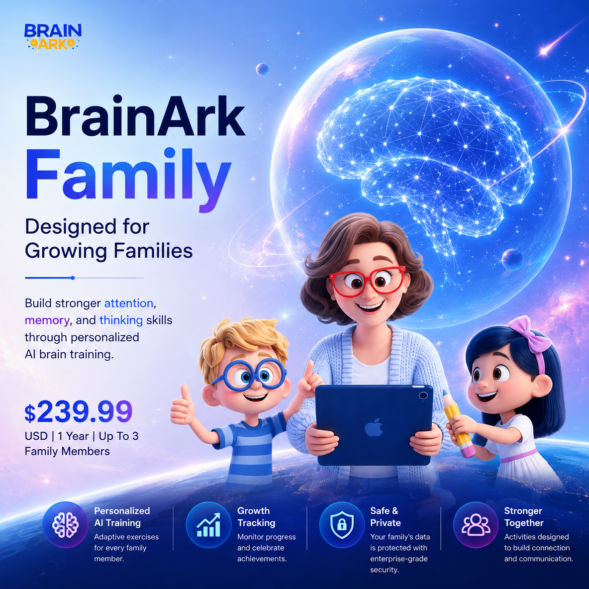 BrainArk Family hero card featuring AI-powered brain training for up to three family members with personalized learning journeys to improve focus, memory, and thinking skills.