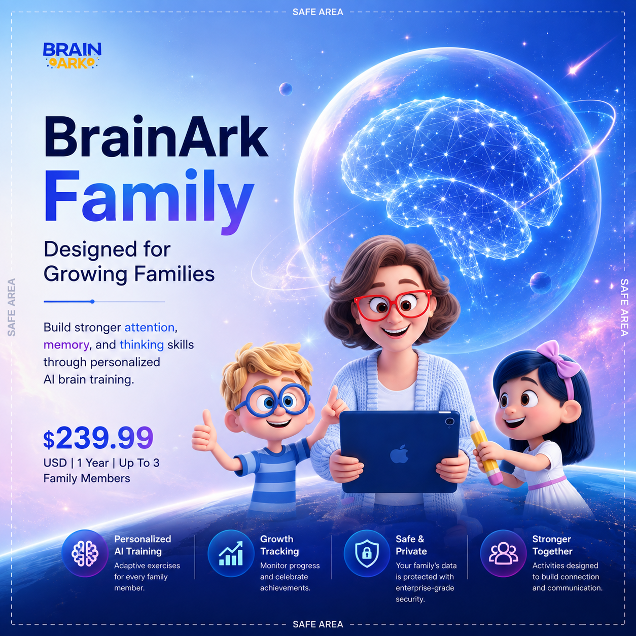 BrainArk Family hero card featuring AI-powered brain training for up to three family members with personalized learning journeys to improve focus, memory, and thinking skills.