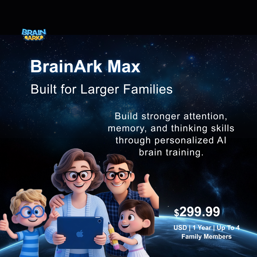 BrainArk Family Max hero card featuring AI-powered brain training for up to four family members, with personalized learning journeys to improve focus, memory, and thinking skills.