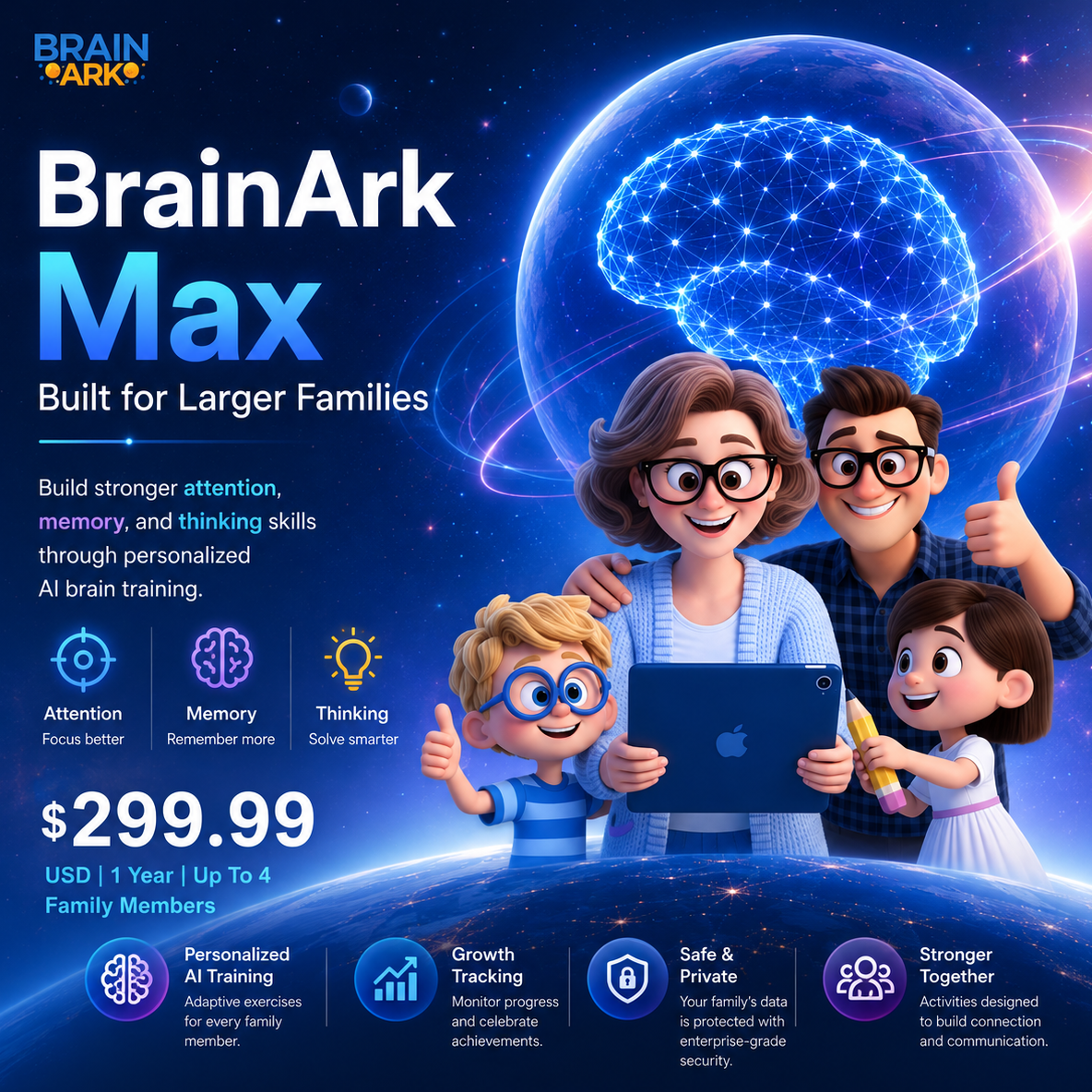 BrainArk Family Max hero card featuring AI-powered brain training for up to four family members, with personalized learning journeys to improve focus, memory, and thinking skills.