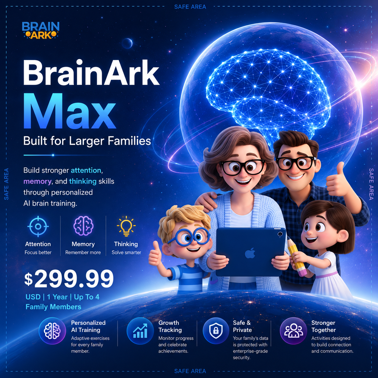 BrainArk Family Max hero card featuring AI-powered brain training for up to four family members, with personalized learning journeys to improve focus, memory, and thinking skills.