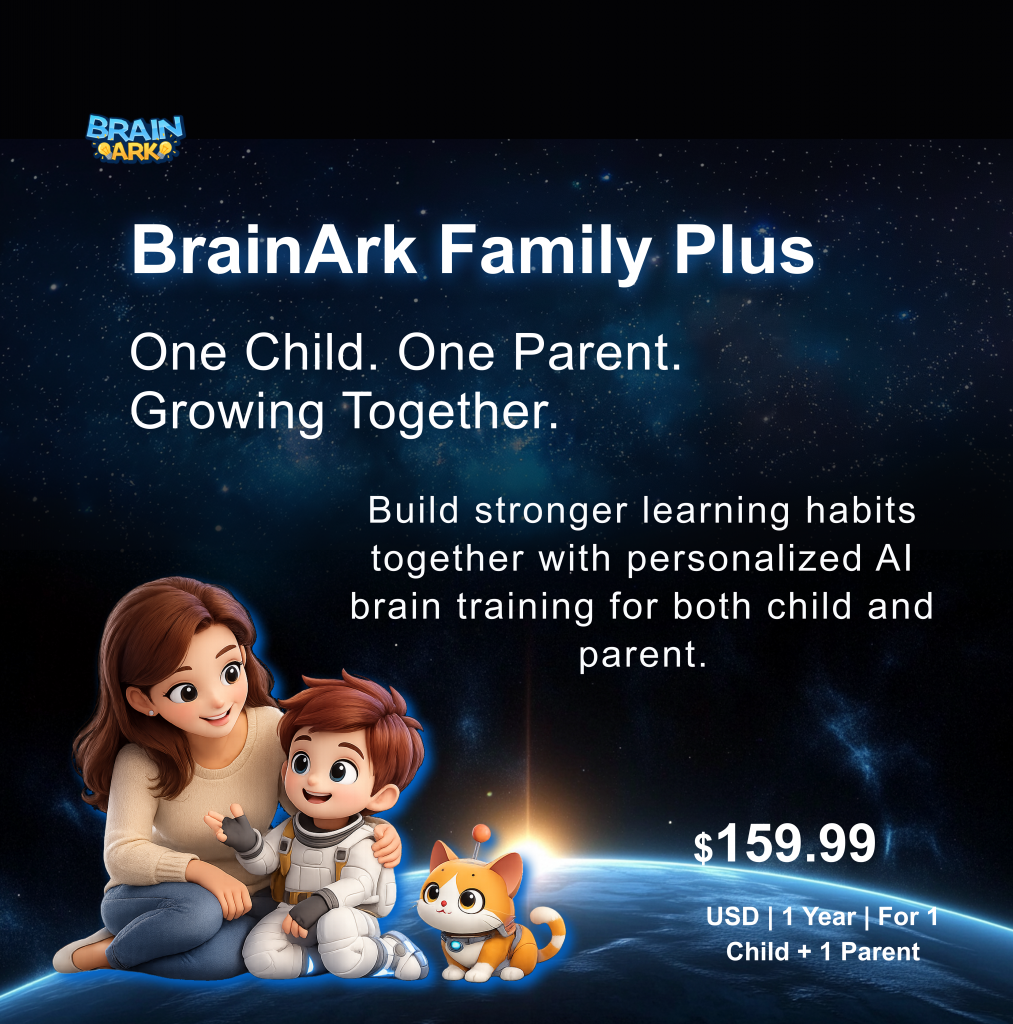 BrainArk Family Plus hero card featuring AI-powered brain training for one child and one parent with personalized learning journeys to improve focus, memory, and thinking skills together.