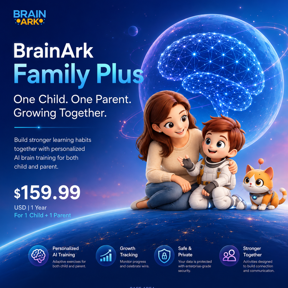 BrainArk Family Plus hero card featuring AI-powered brain training for one child and one parent with personalized learning journeys to improve focus, memory, and thinking skills together.