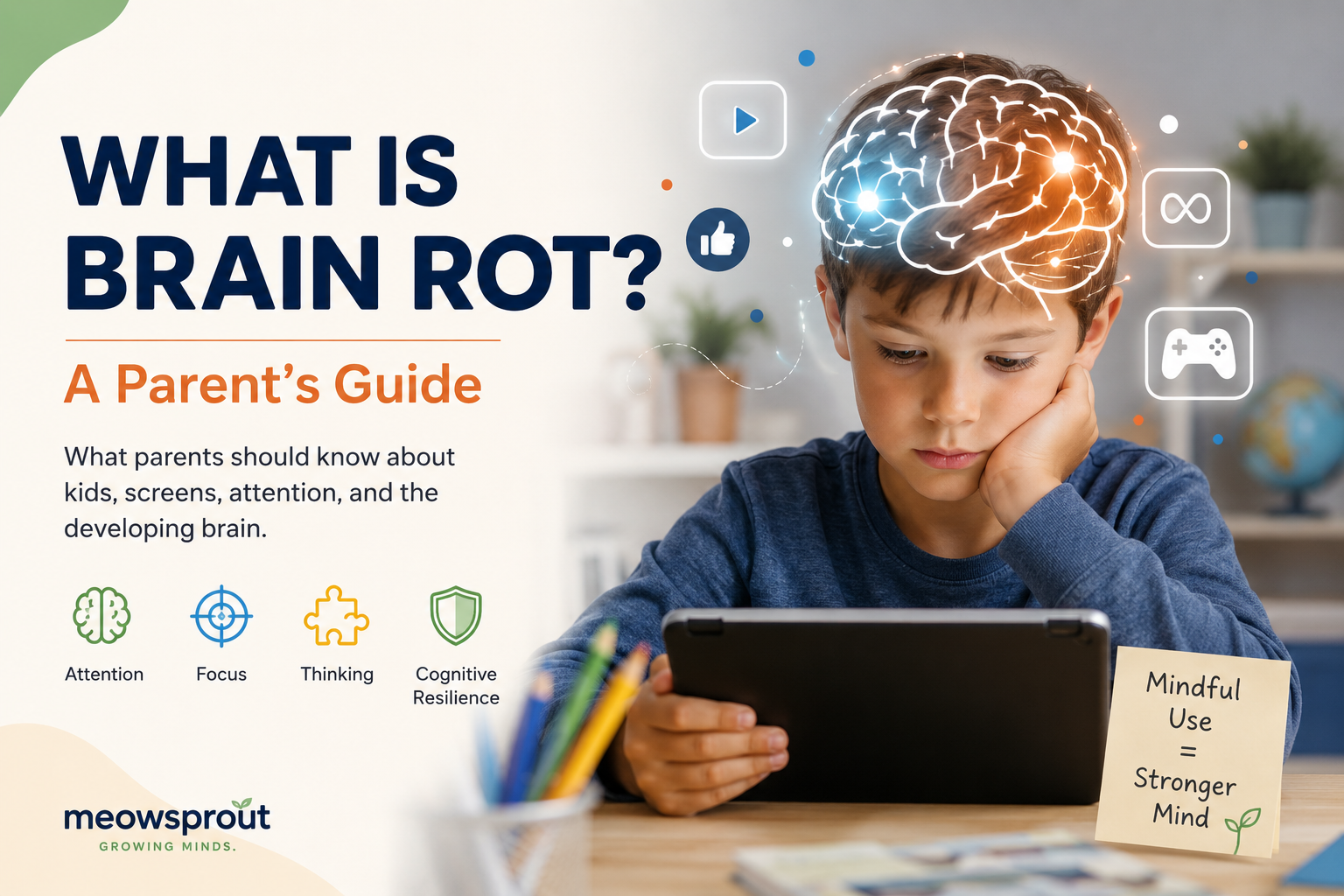 Child using a tablet with brain illustration – parent guide to brain rot, screen time and cognitive resilience