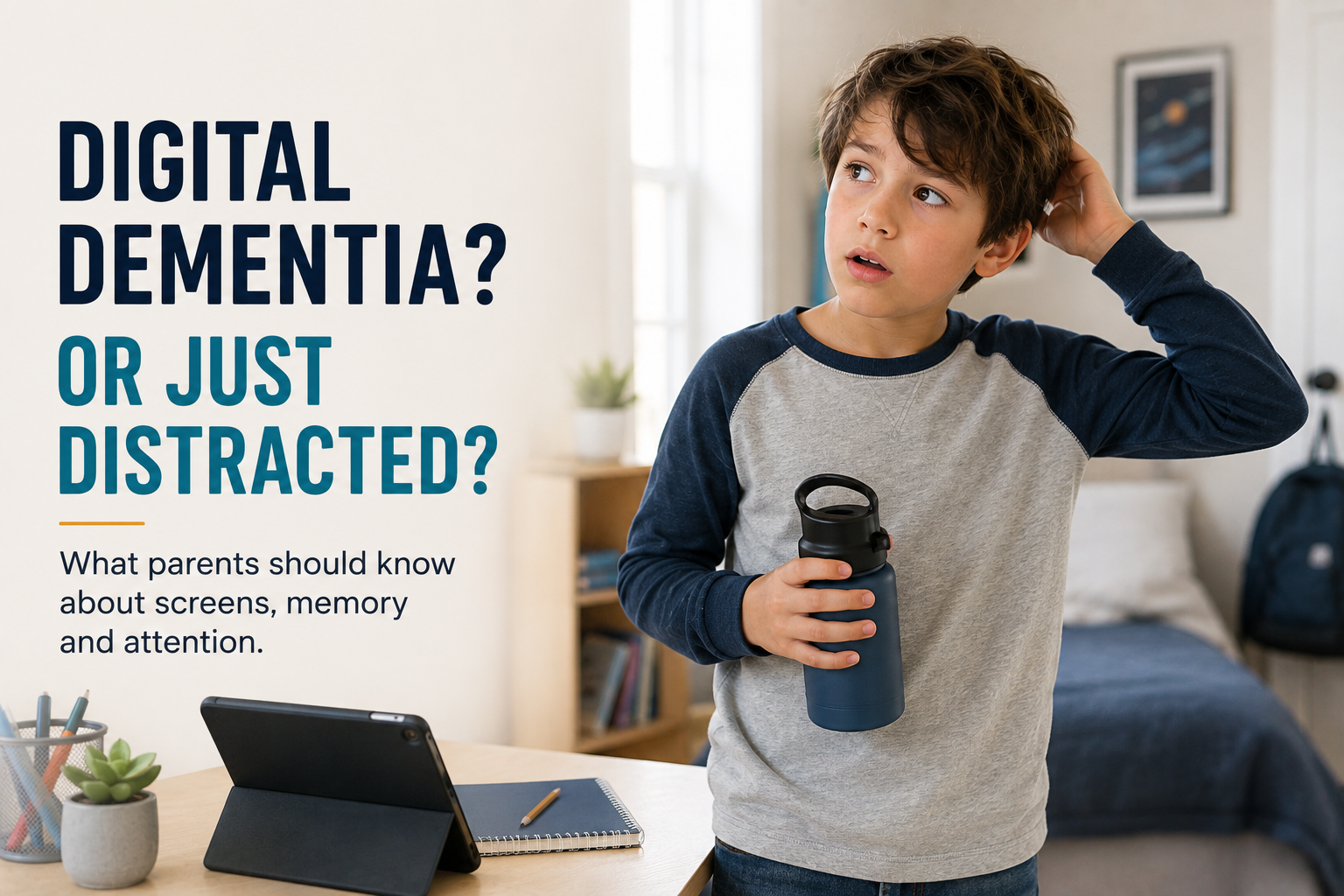 Child looking distracted beside a tablet while trying to remember what he was doing