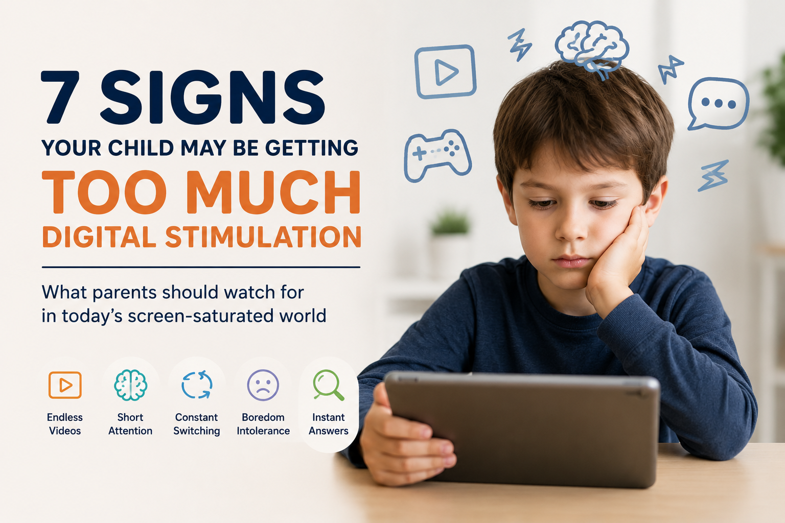Child using a tablet showing signs of digital overstimulation