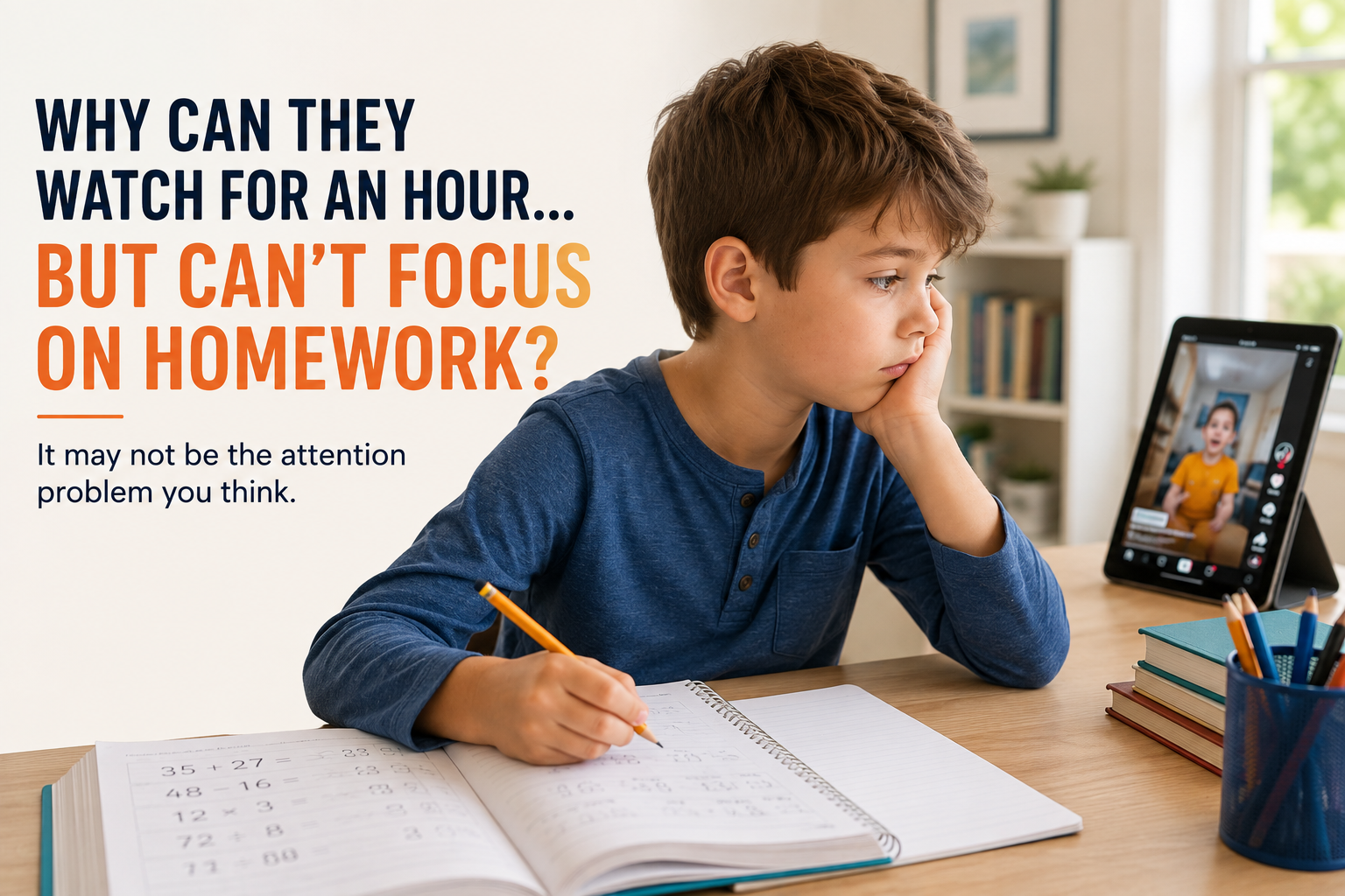 Child distracted by a tablet while trying to focus on homework