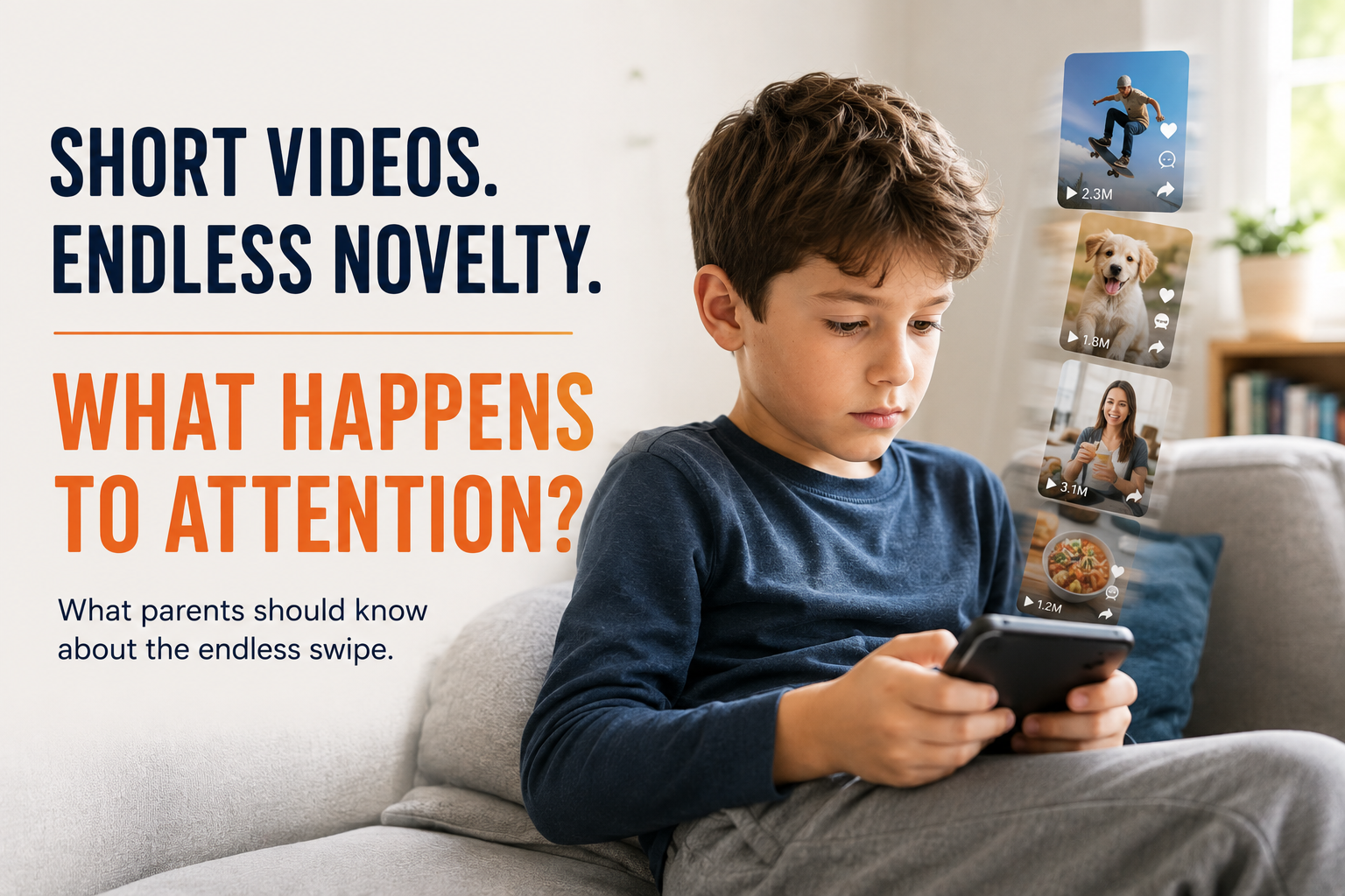 Child watching short-form videos on a smartphone in an endless scrolling feed